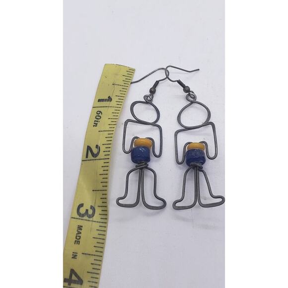 Vintage Earrings Wire Figural Man Person Handmade 1970s Person Boho Glass Beads - Picture 6 of 8